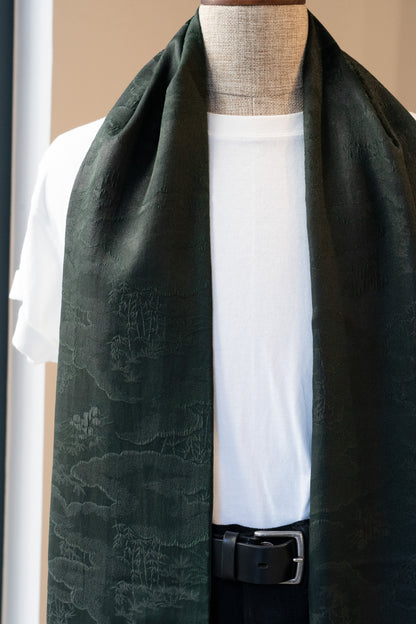 Green Silk Scarf with Bamboo and Clouds