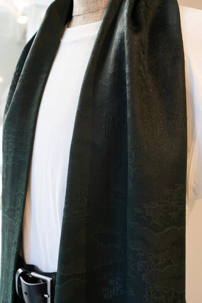 Green Silk Scarf with Bamboo and Clouds