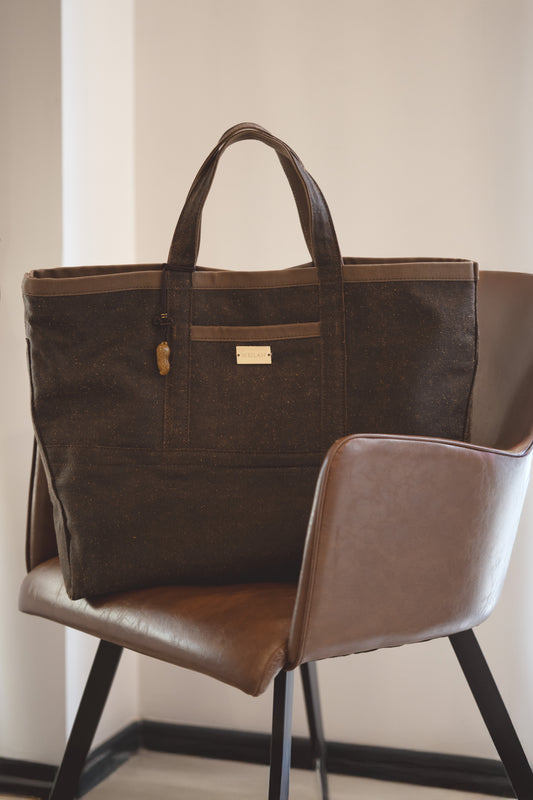 Large Brown Mud Silk Tote Bag with Jadeite Carved Peanut
