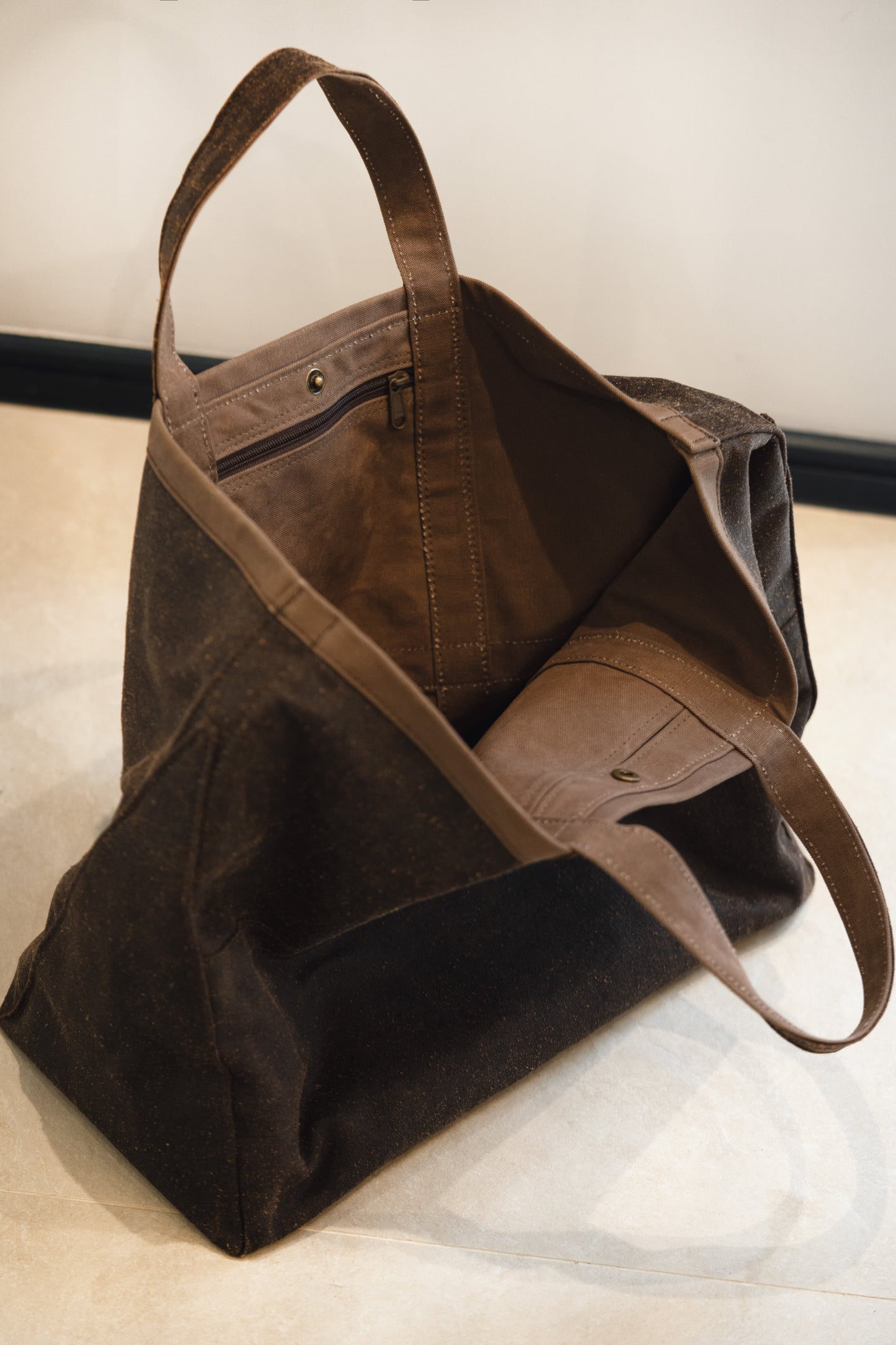 Large Brown Mud Silk Tote Bag with multiple pockets