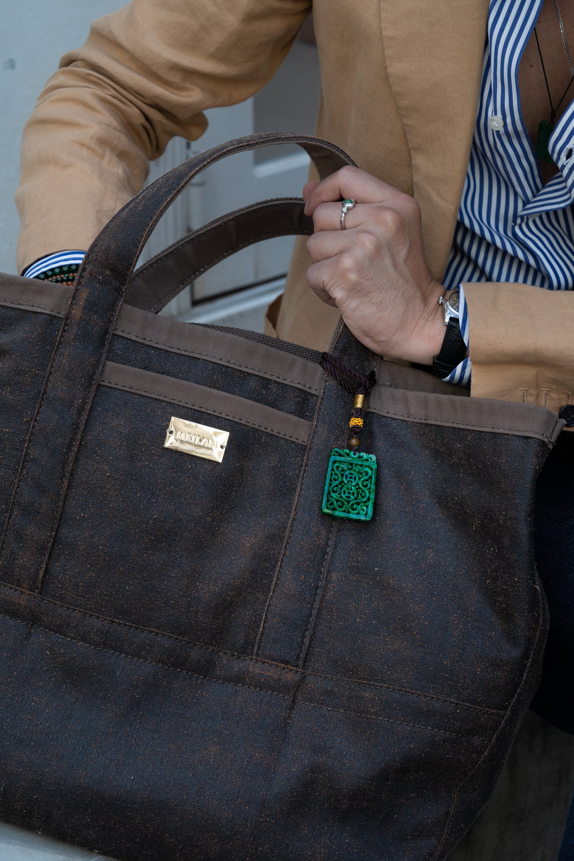 Large Brown Mud Silk Tote Bag with Carve Jade Pendant