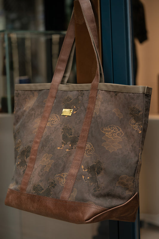 Qilin Print Tote Bag with Canvas Lining