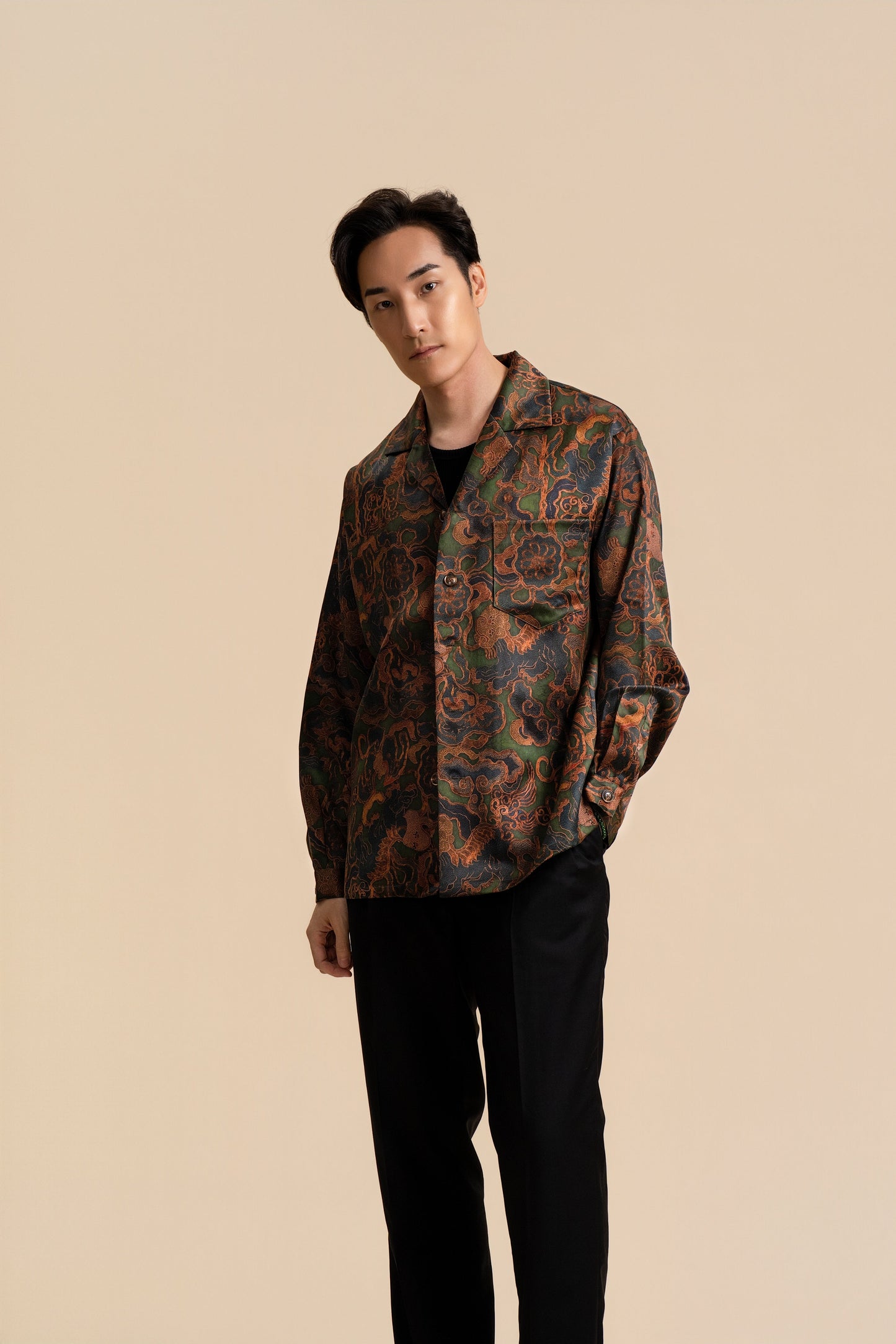 Green Crown of Thorns Long Sleeve Silk Shirt