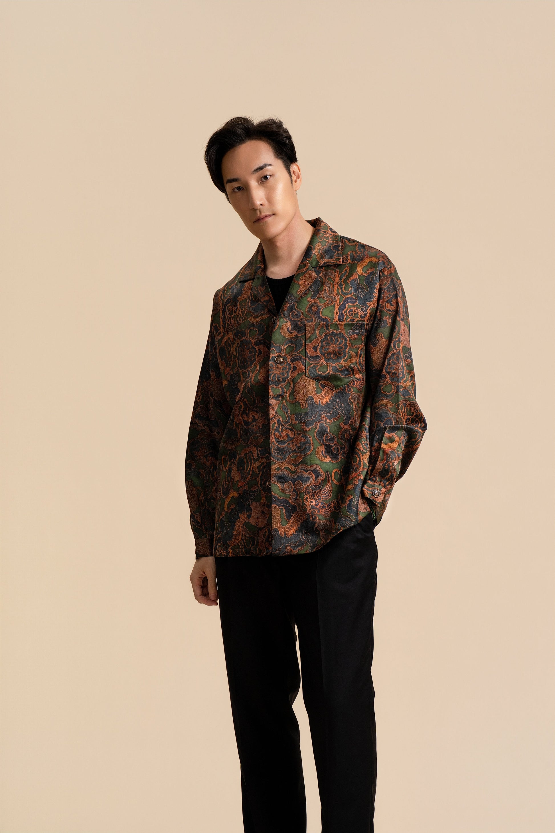 Green Crown of Thorns Long Sleeve Silk Shirt