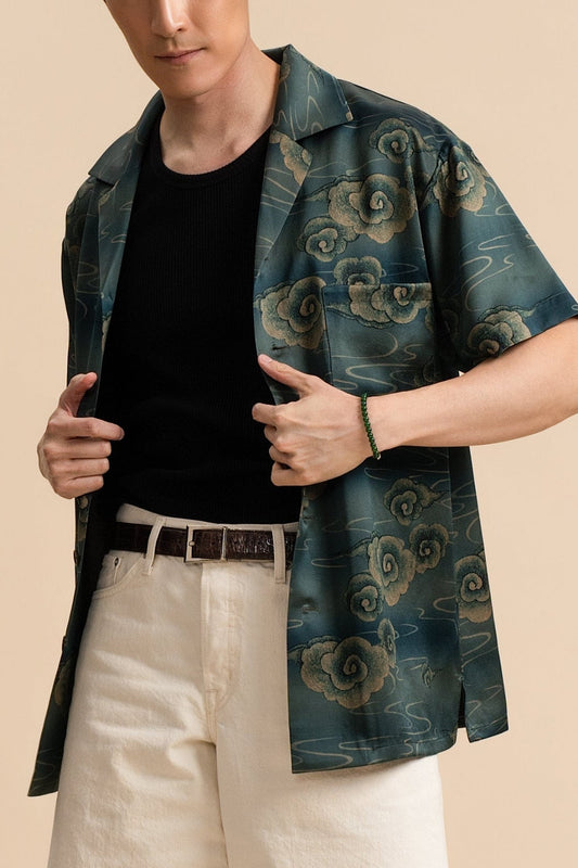 Pure Silk Shirt - Teal with Cloud Motifs