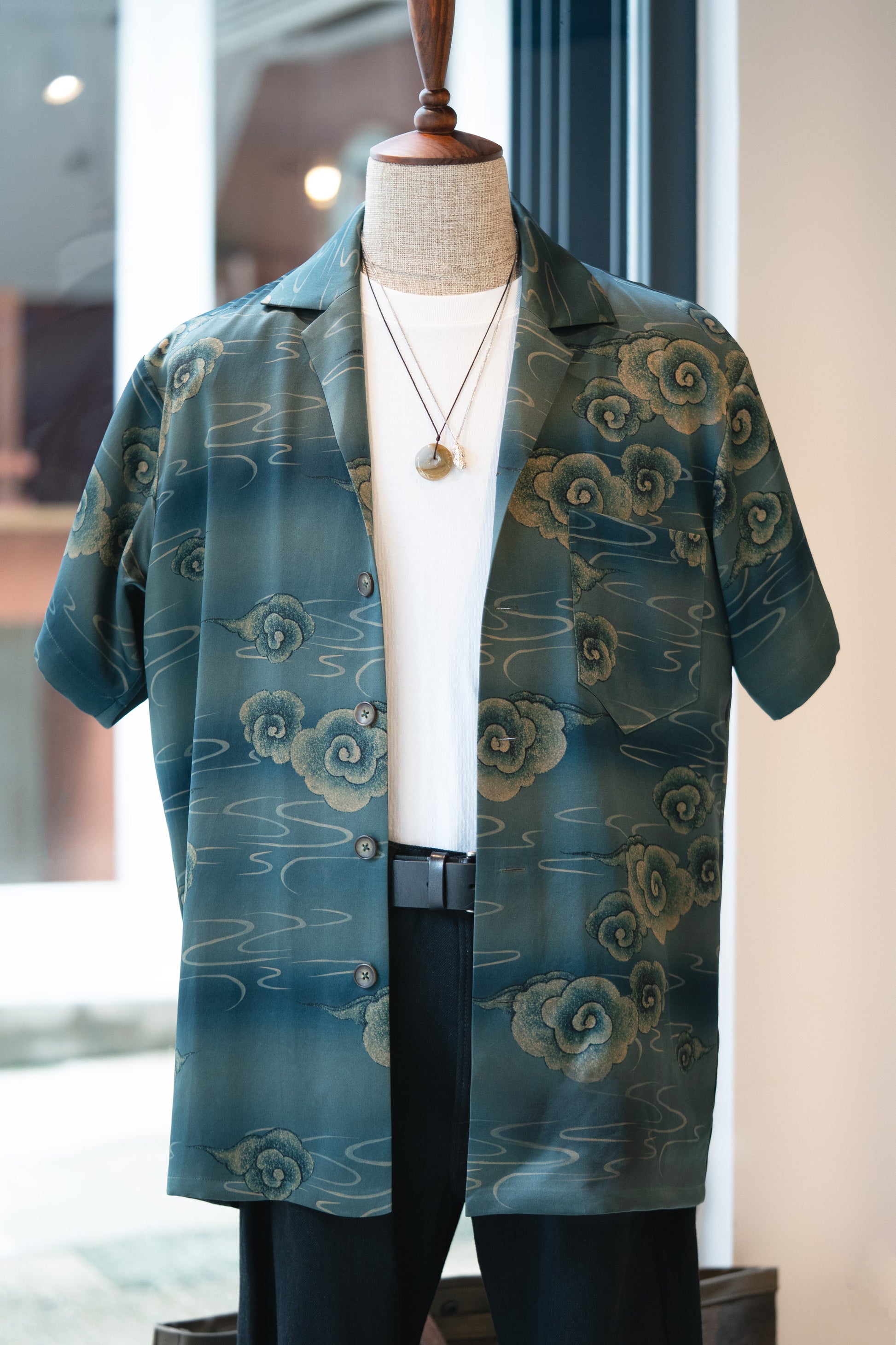 Teal Short Sleeve Silk Shirt with Clouds 
