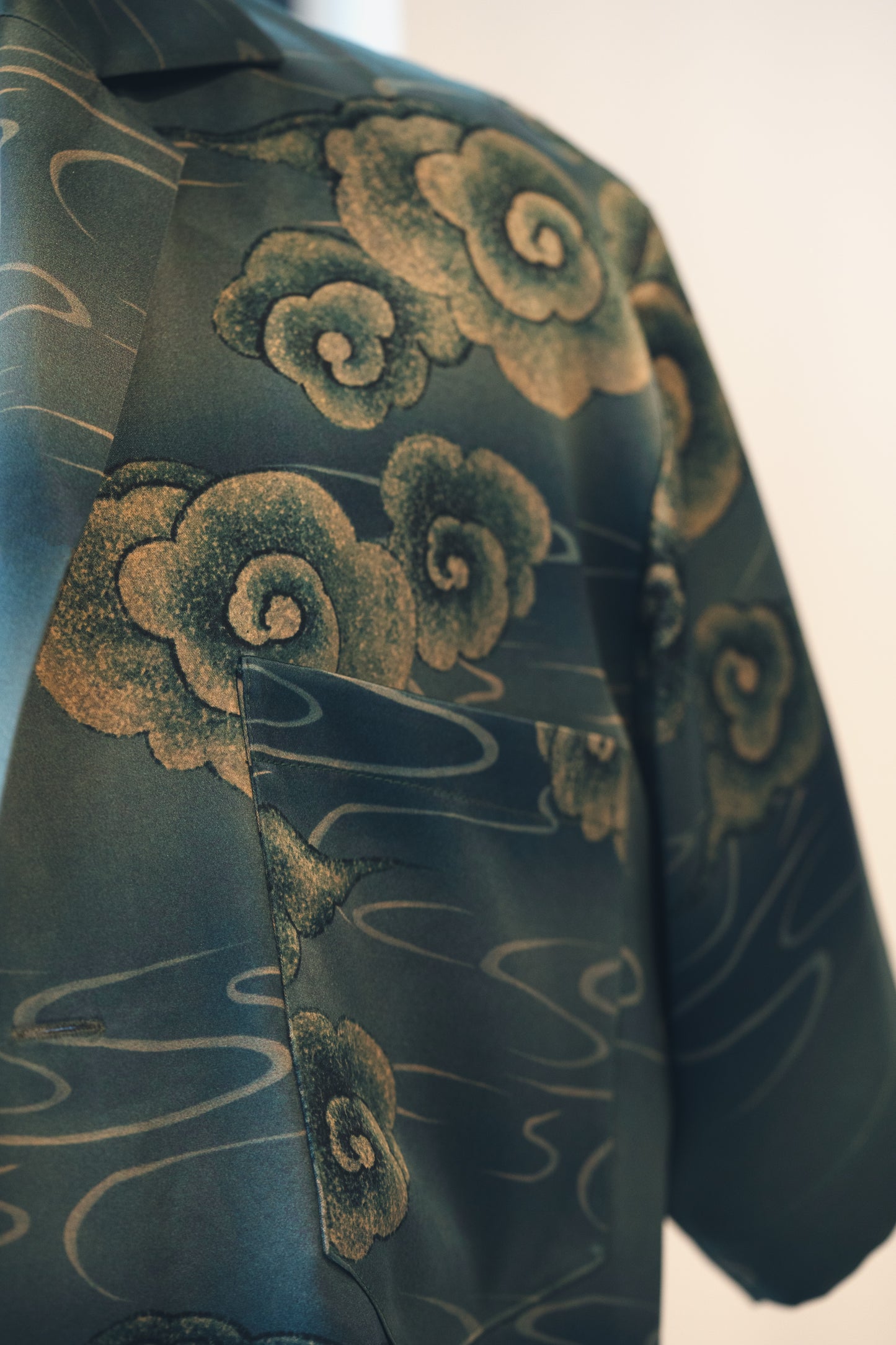 Teal Short Sleeve Silk Shirt with Clouds 