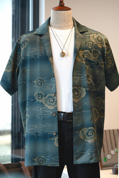 Teal Short Sleeve Silk Shirt with Clouds