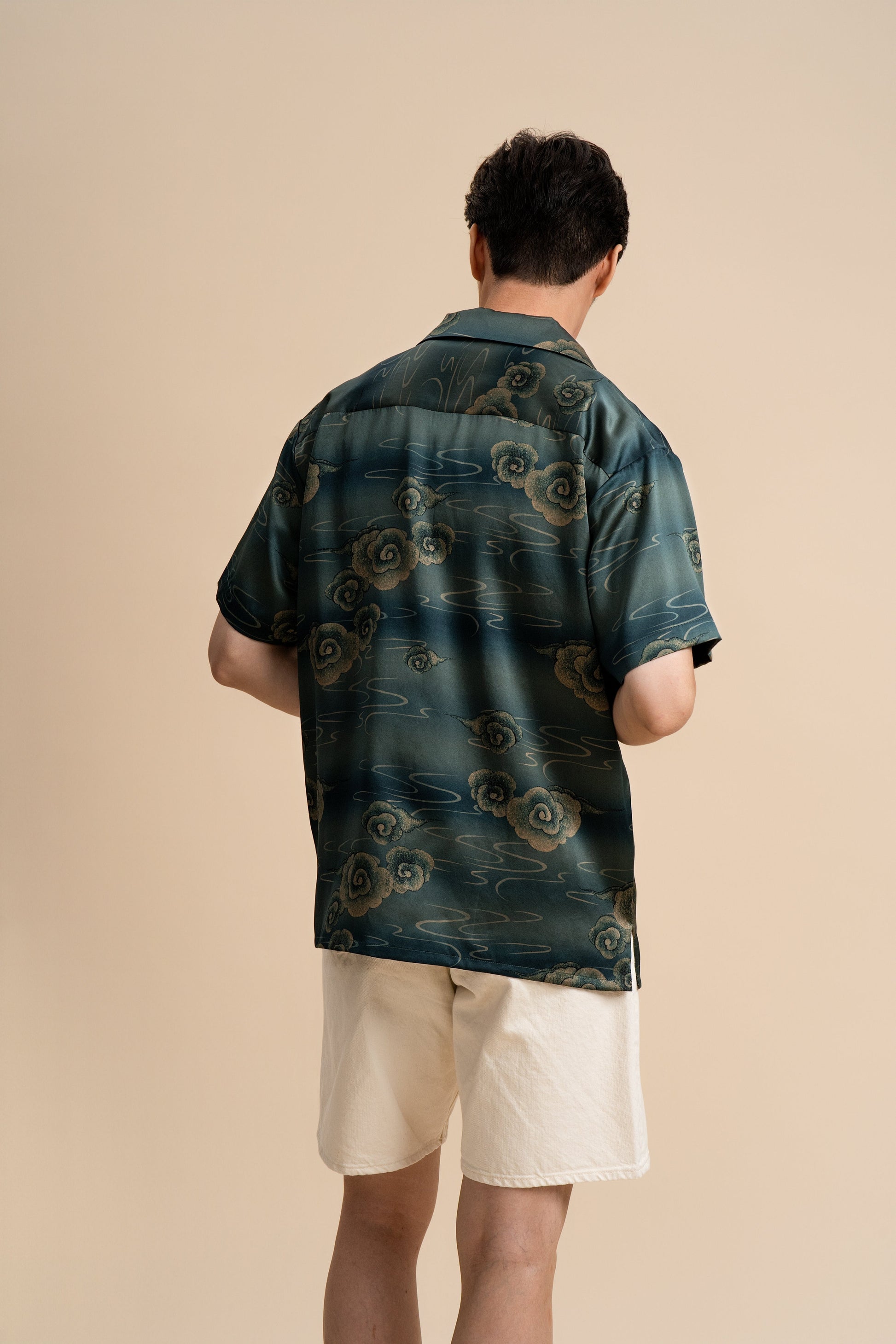 Pure Silk Shirt - Teal with Cloud Motifs