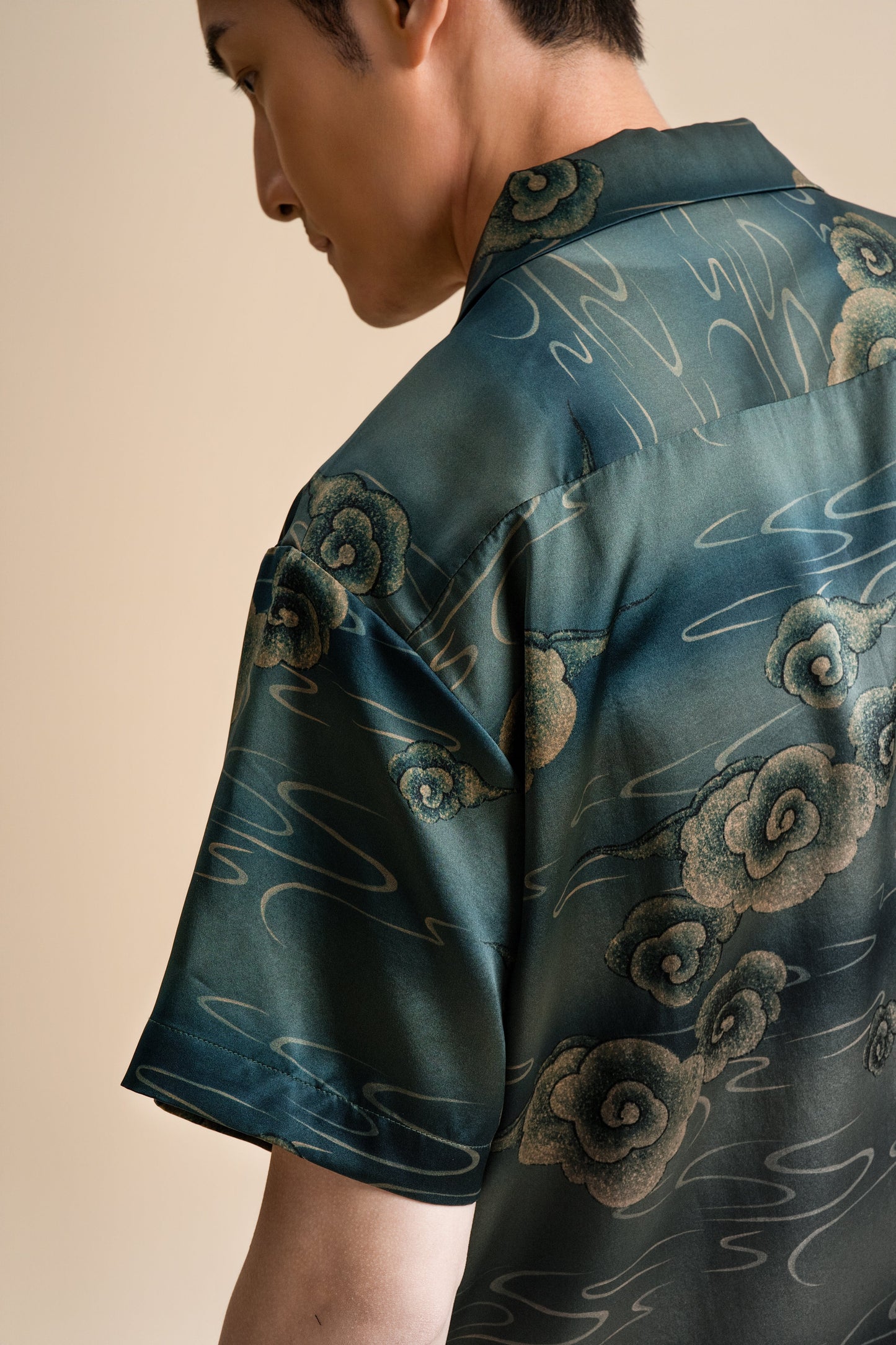 Pure Silk Shirt - Teal with Cloud Motifs