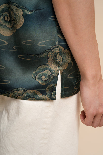 Pure Silk Shirt - Teal with Cloud Motifs