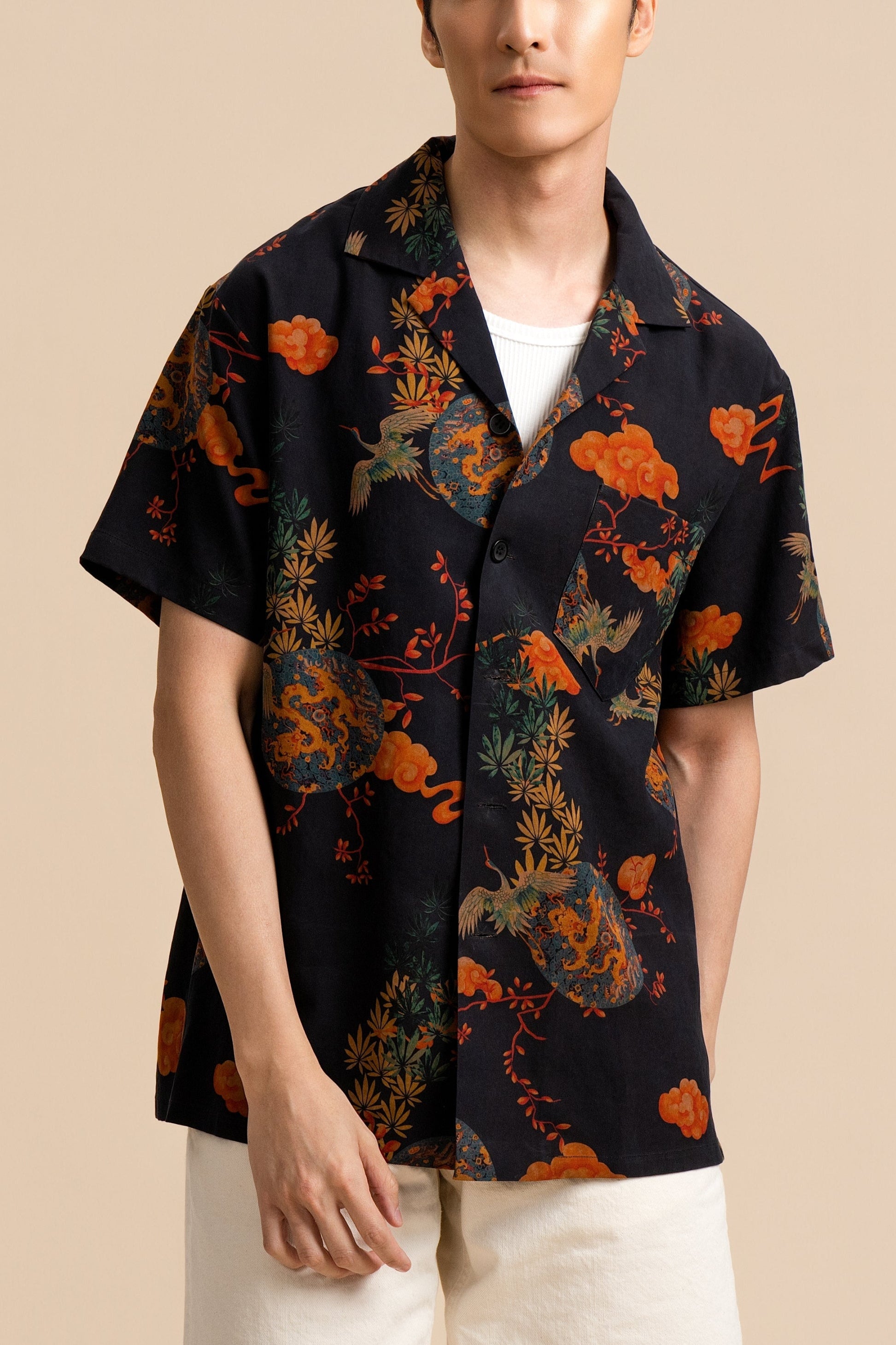 Pure Silk Shirt - Navy in Flora and Fauna