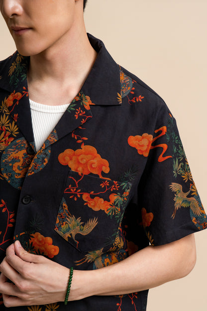 Pure Silk Shirt - Navy in Flora and Fauna