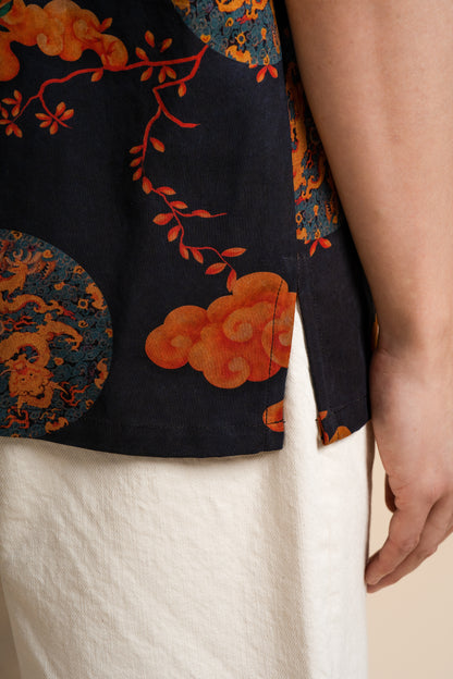 Pure Silk Shirt - Navy in Flora and Fauna
