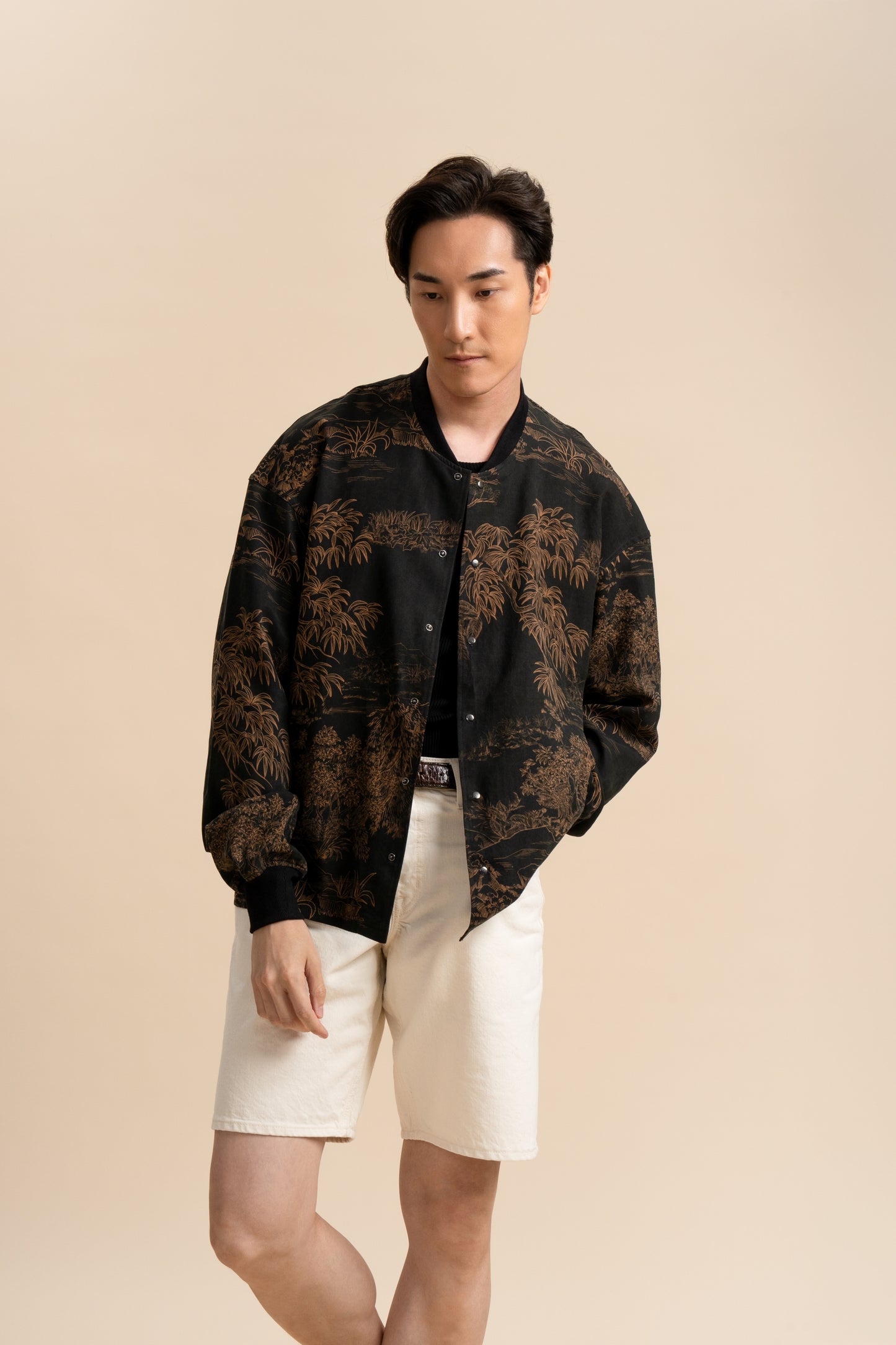 Pure Silk Black Bamboo Bomber Jacket