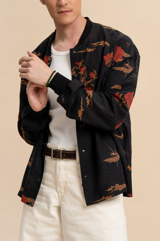 Silk Red Floral Bomber Jacket