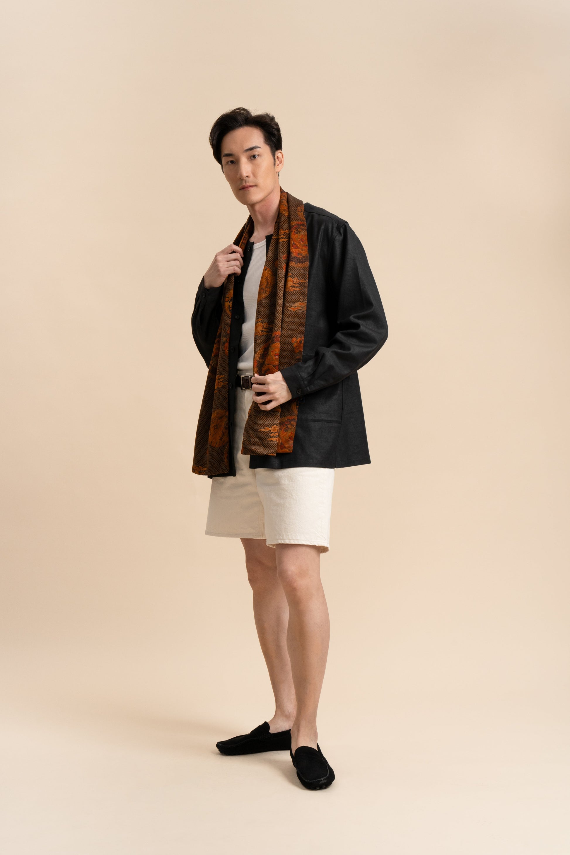 Black Brown Scarf with Dragon and Florals