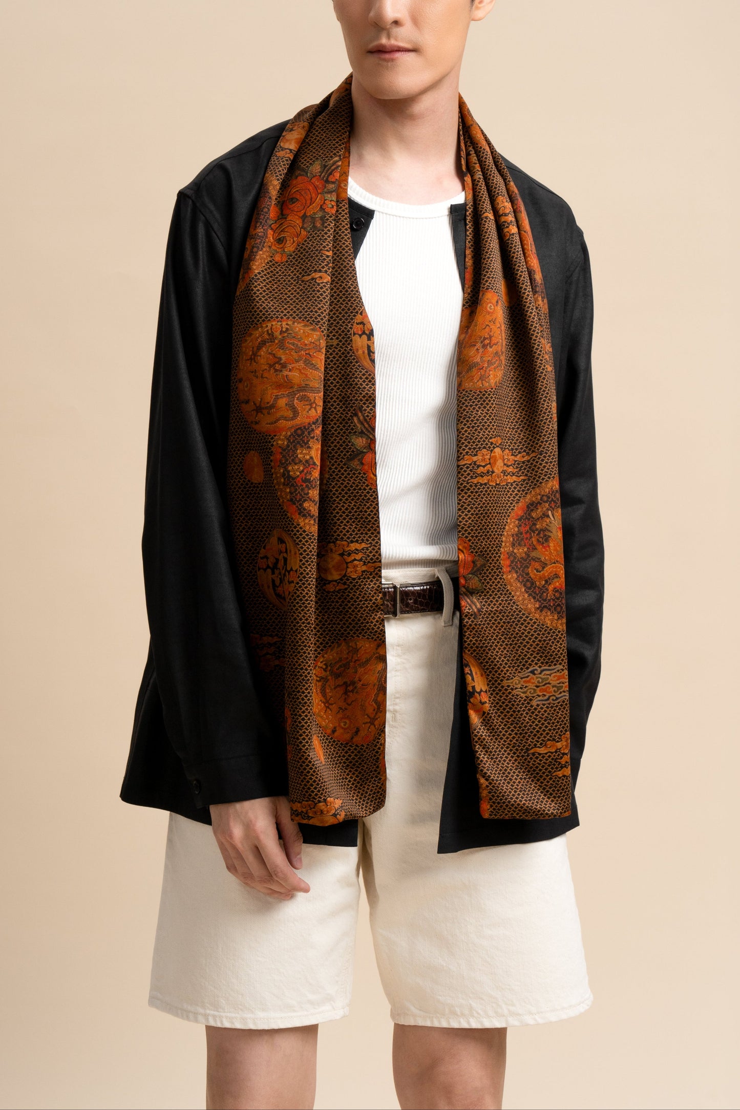 Black Brown Scarf with Dragon and Florals