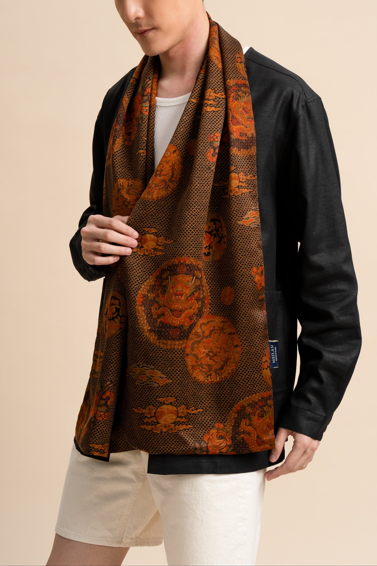 Black Brown Scarf with Dragon and Florals