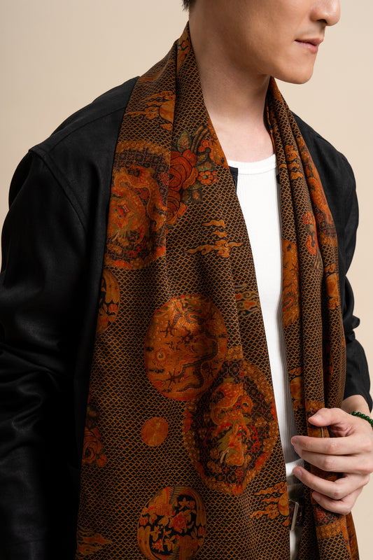 Black Brown Scarf with Dragon and Florals