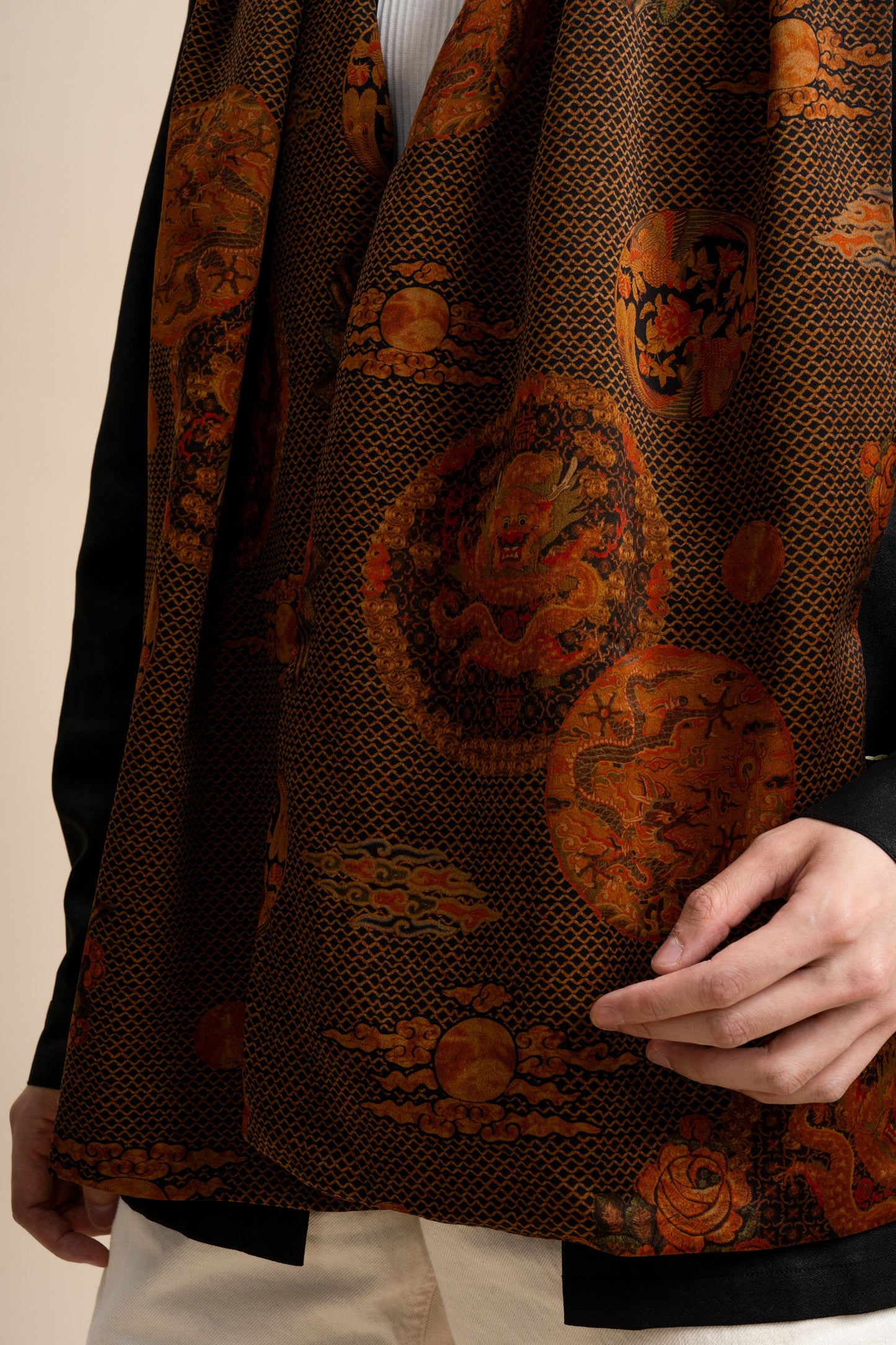 Black Brown Scarf with Dragon and Florals