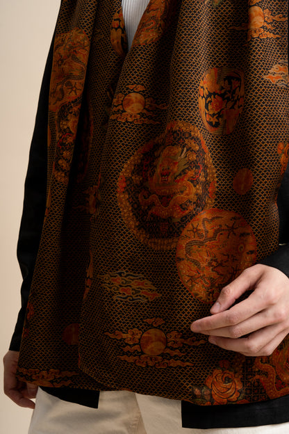 Black Brown Scarf with Dragon and Florals