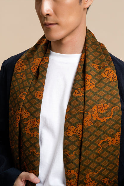 Green and Orange Clouds Silk Scarf