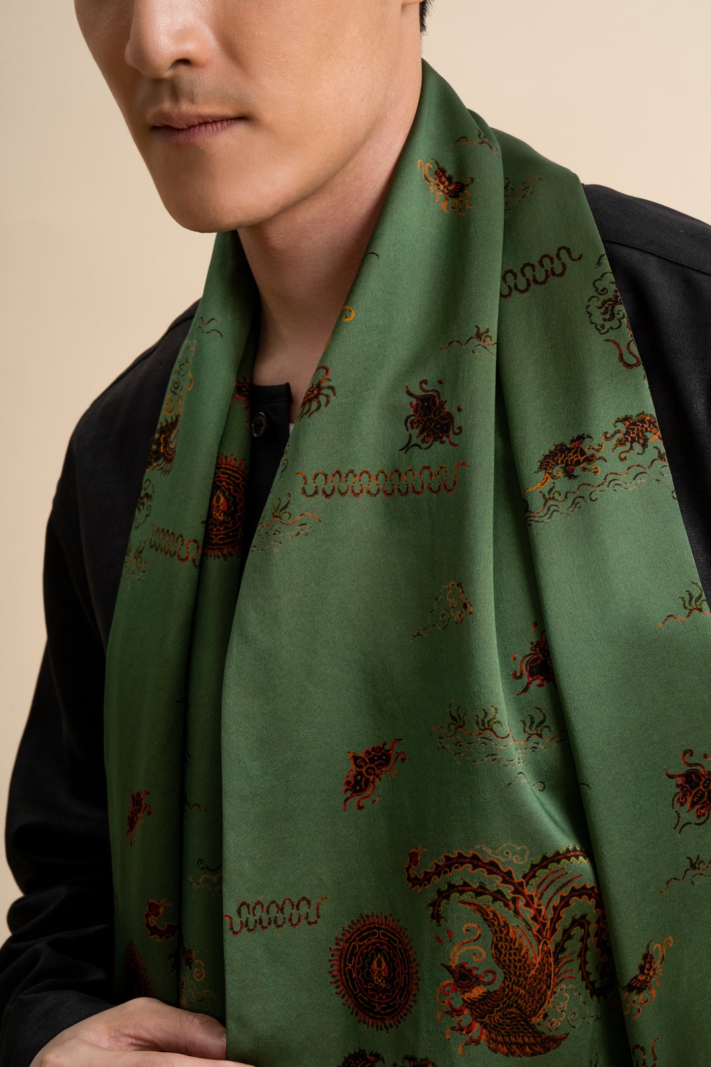 Green Silk Scarf with Phoenix Motif