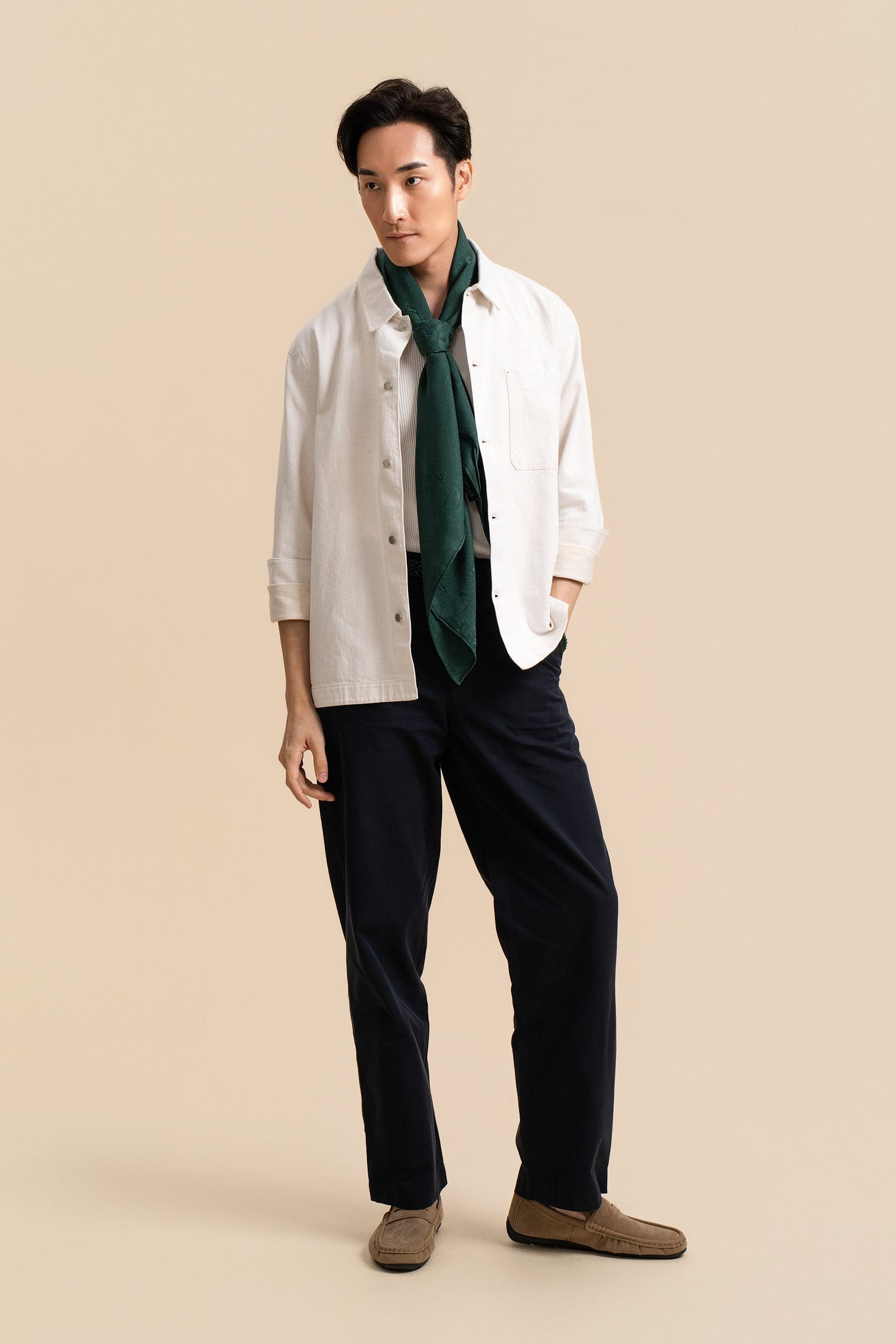 Green Square Silk Scarf with Dragon Motif