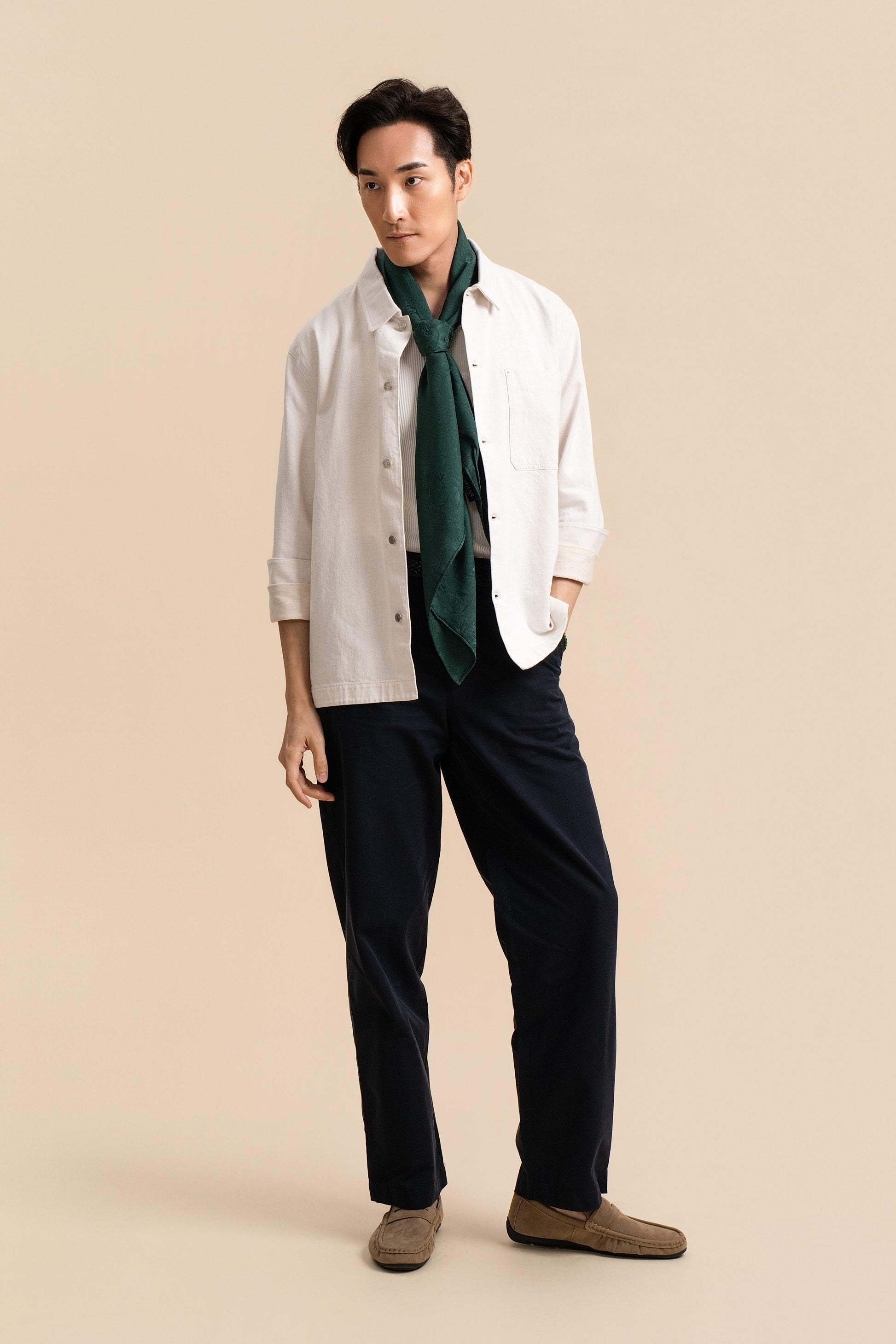 Green Square Silk Scarf with Dragon Motif