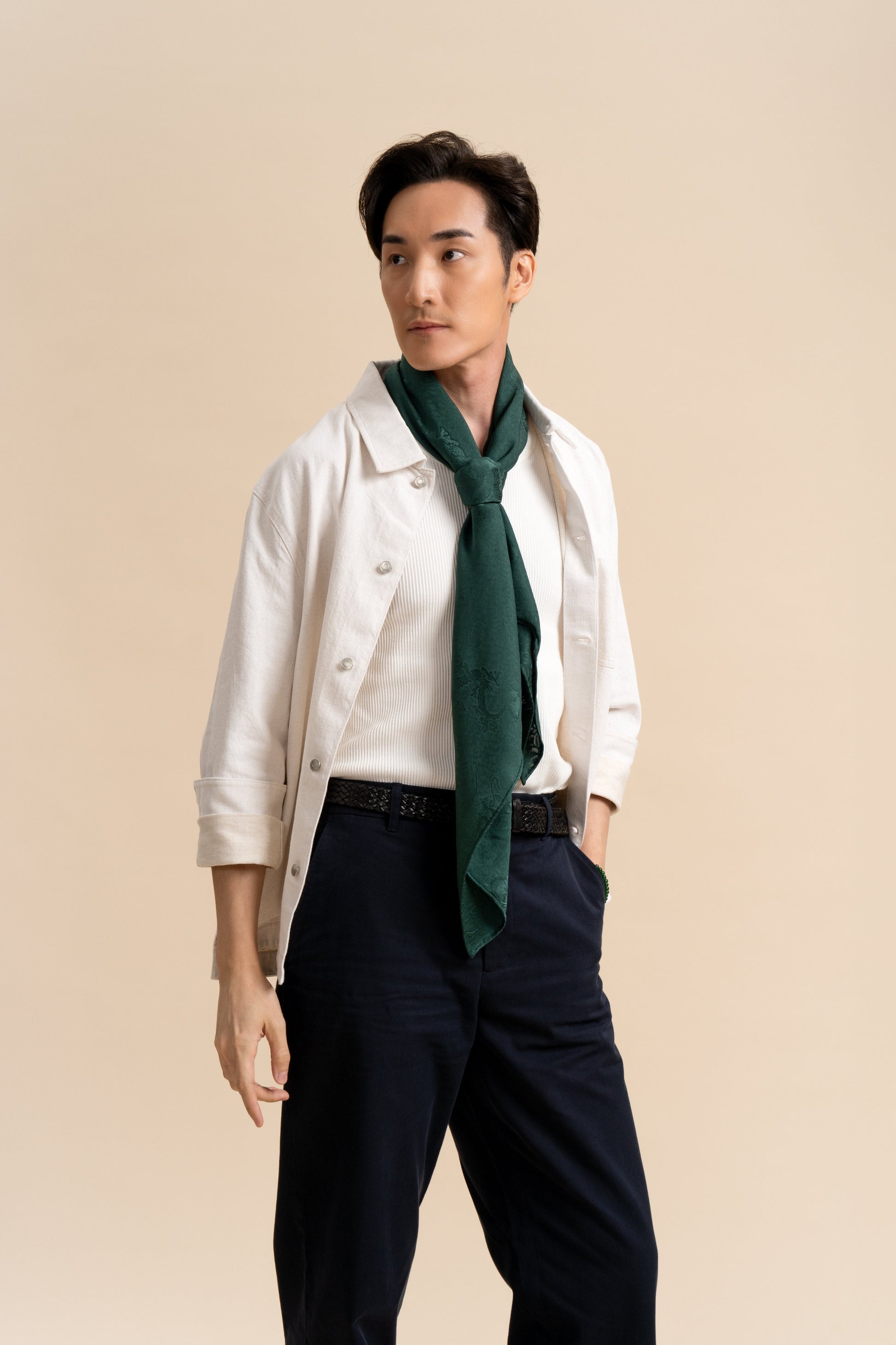 Green Square Silk Scarf with Dragon Motif