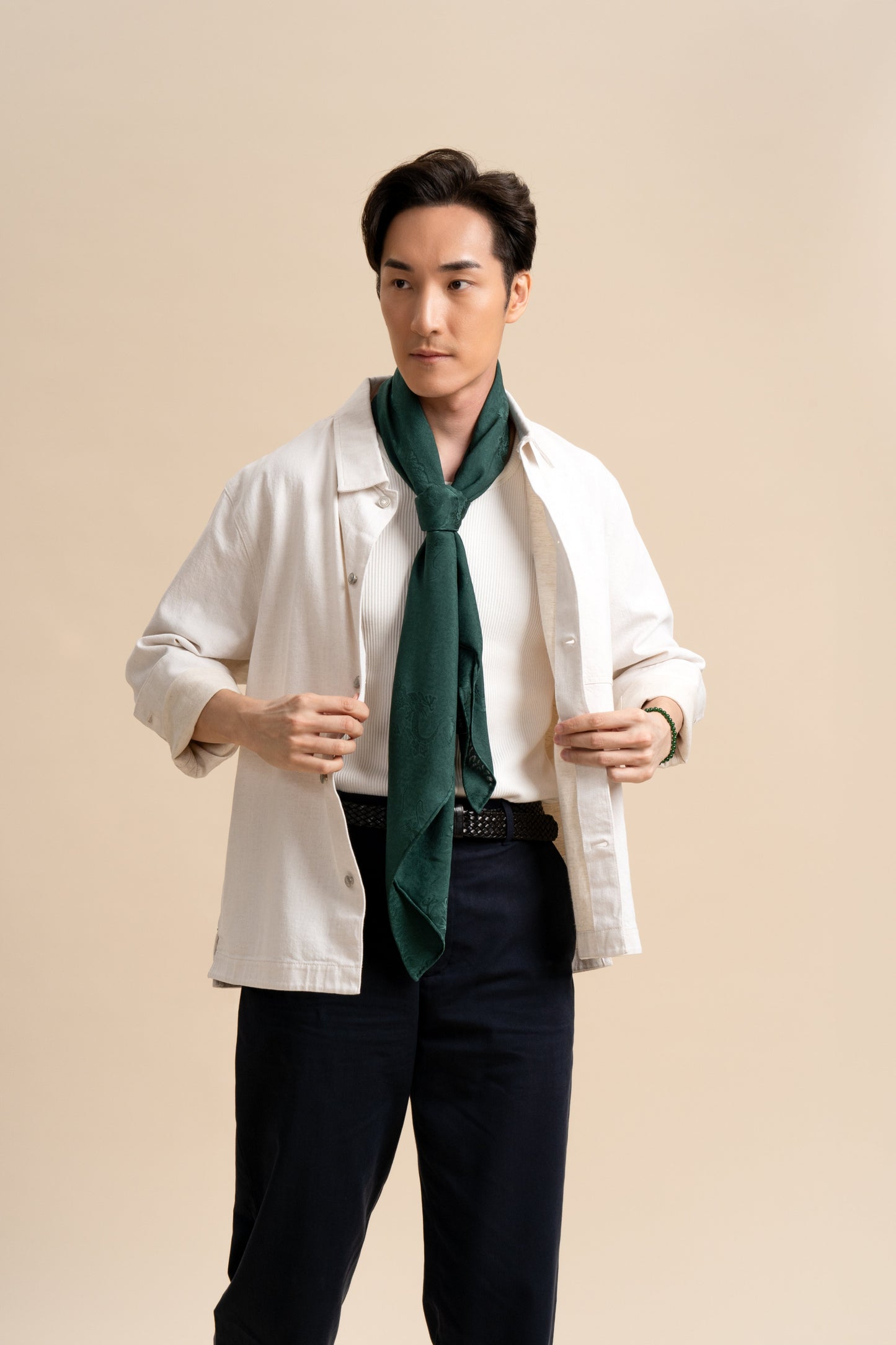 Green Square Silk Scarf with Dragon Motif