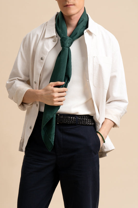 Green Square Silk Scarf with Dragon Motif