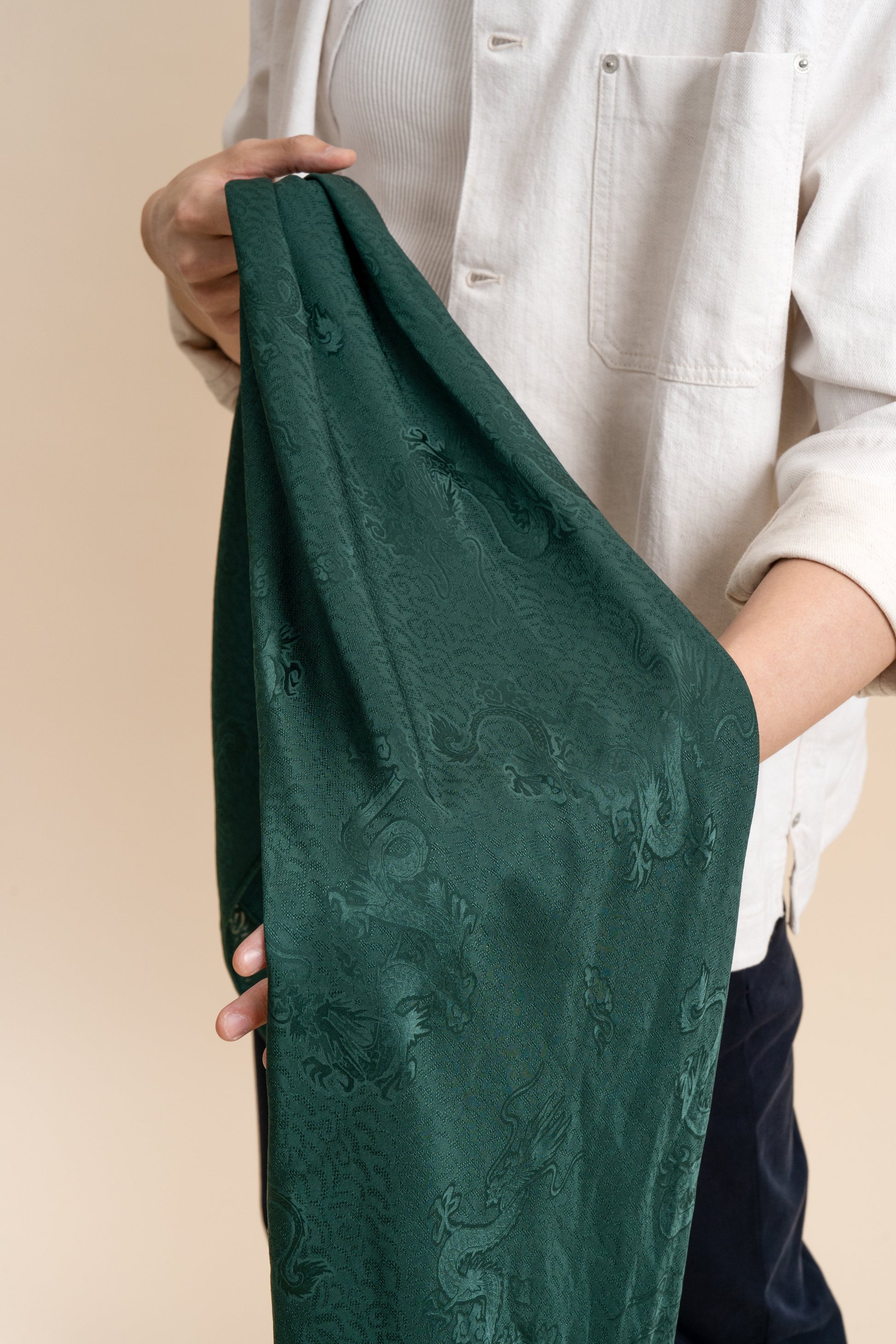 Green Square Silk Scarf with Dragon Motif