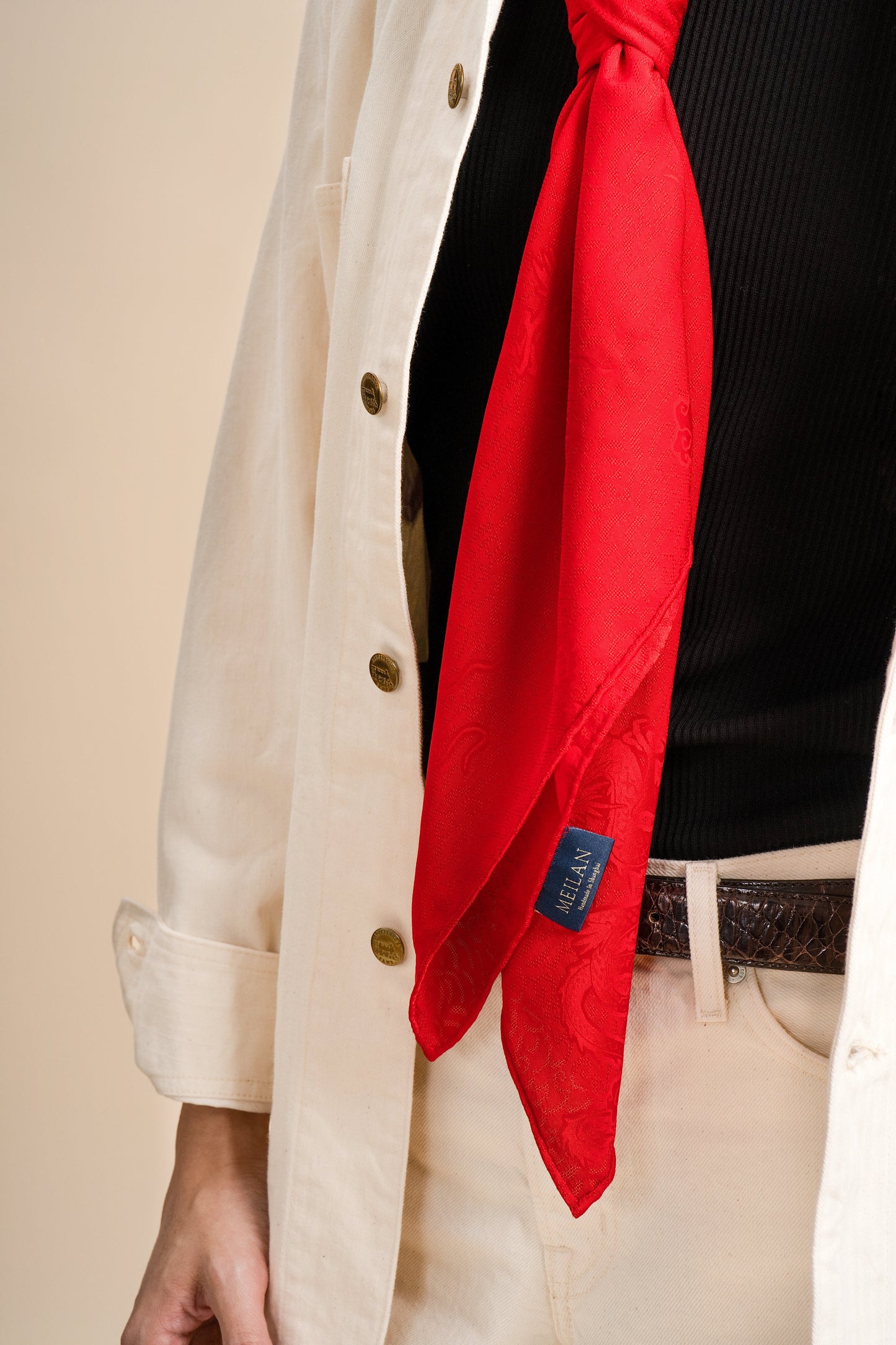 Red Square Silk Scarf with Dragon Motif