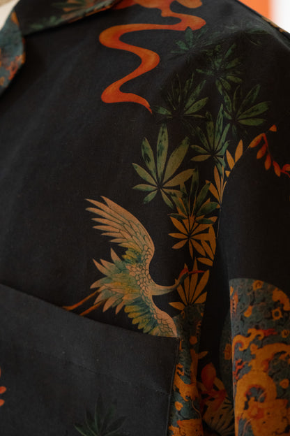 Navy Pure Silk Shirt in Flora and Fauna print