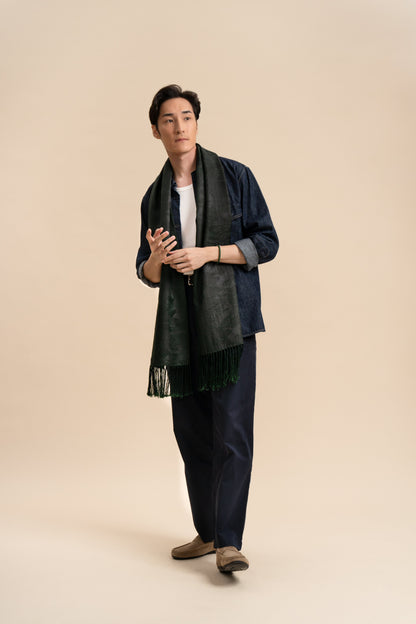 Green Silk Scarf Bamboo and Clouds