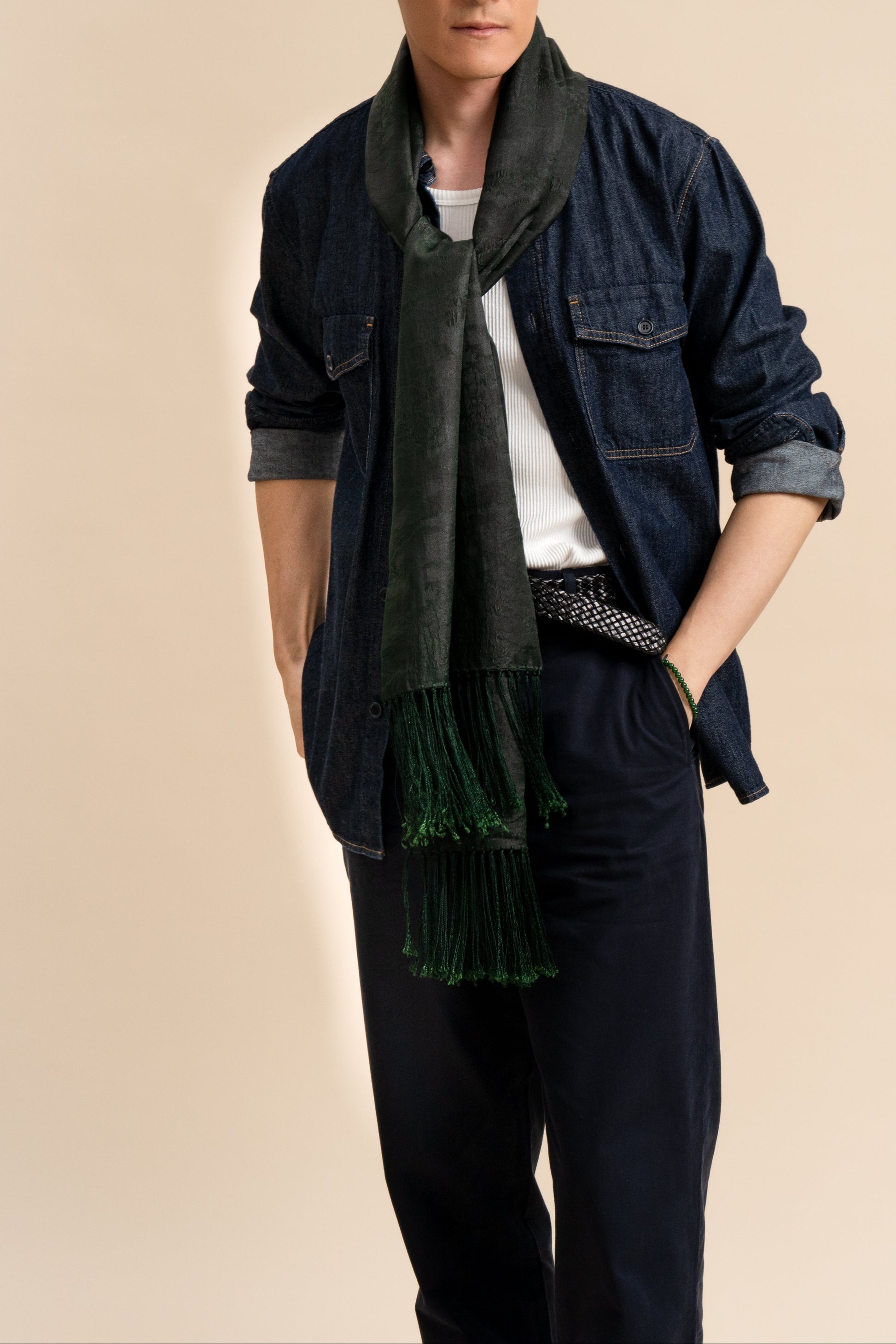 Green Silk Scarf Bamboo and Clouds