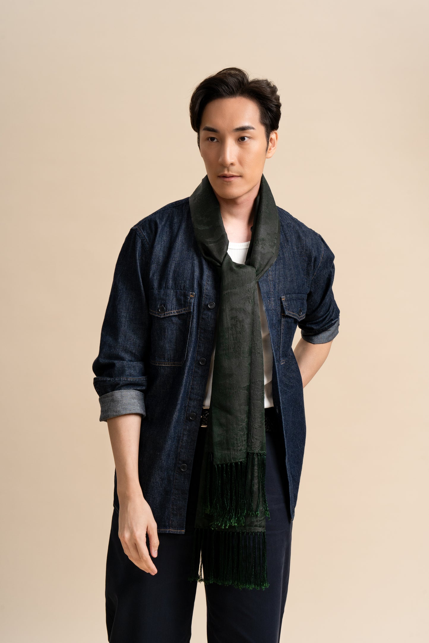 Green Silk Scarf Bamboo and Clouds