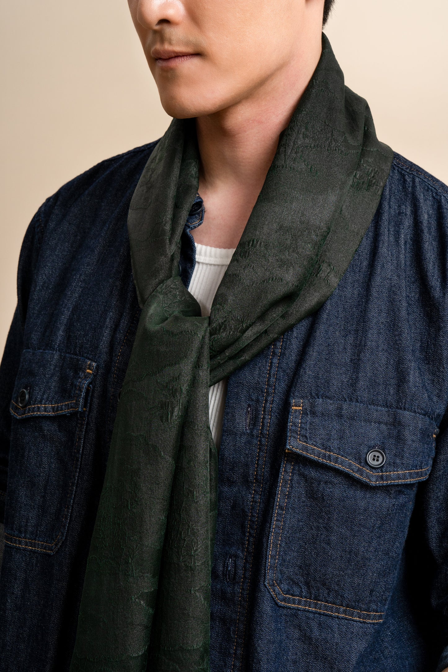 Green Silk Scarf Bamboo and Clouds