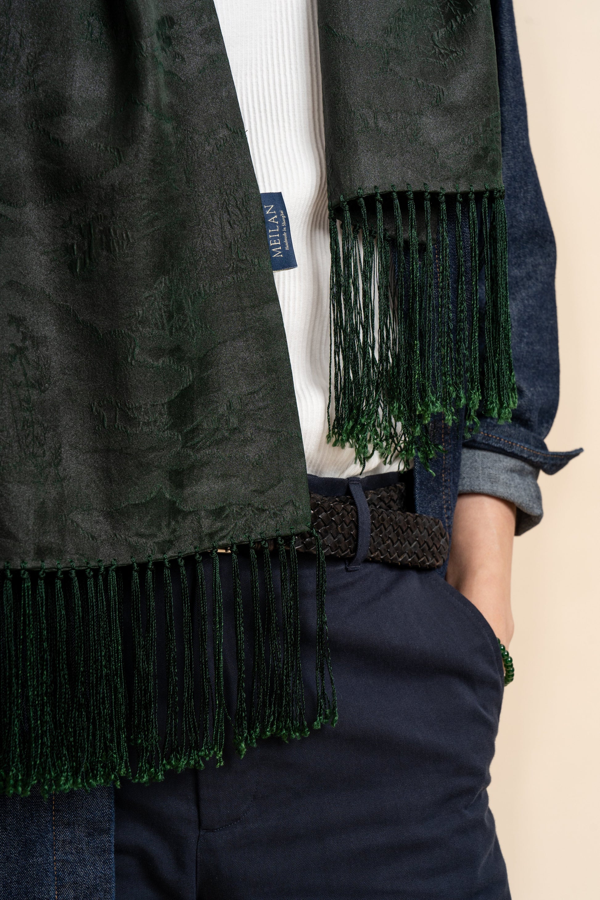 Green Silk Scarf Bamboo and Clouds