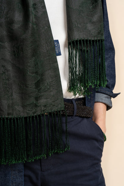 Green Silk Scarf Bamboo and Clouds