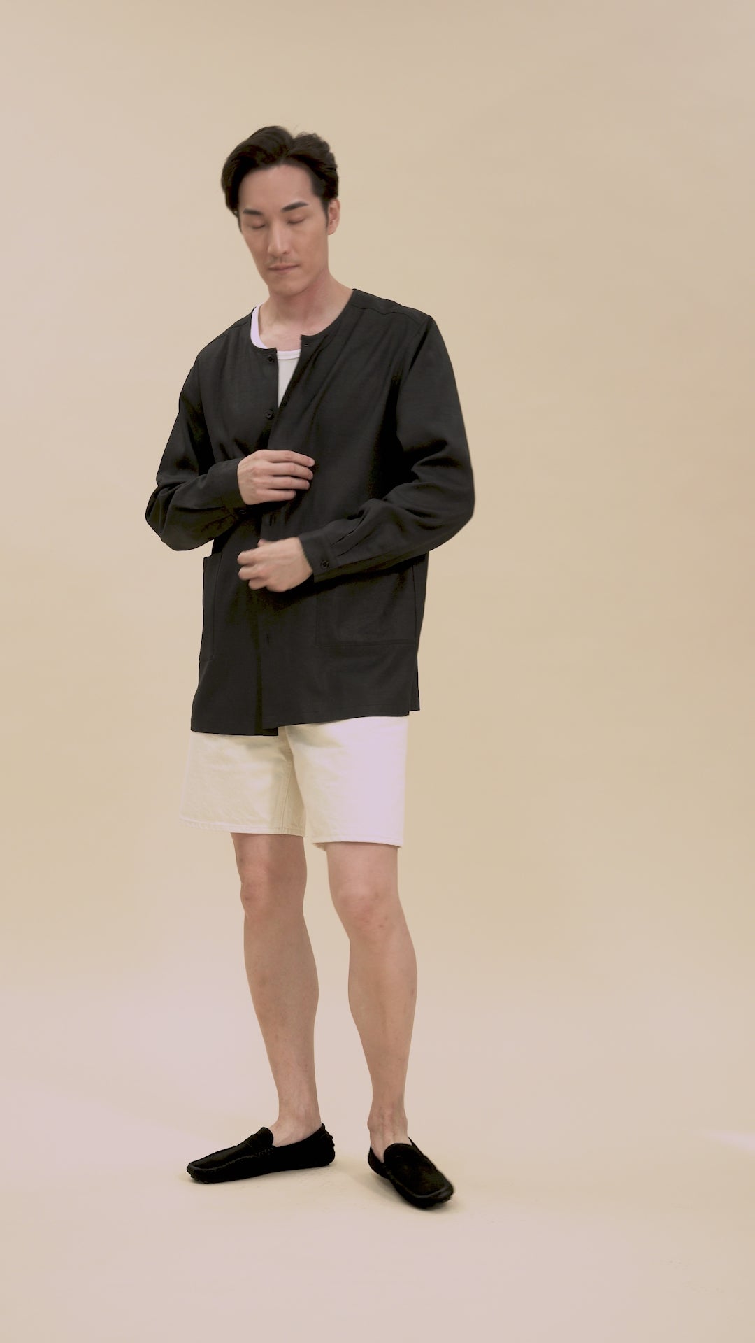 40 Momme Black Silk Round Collar Shirt