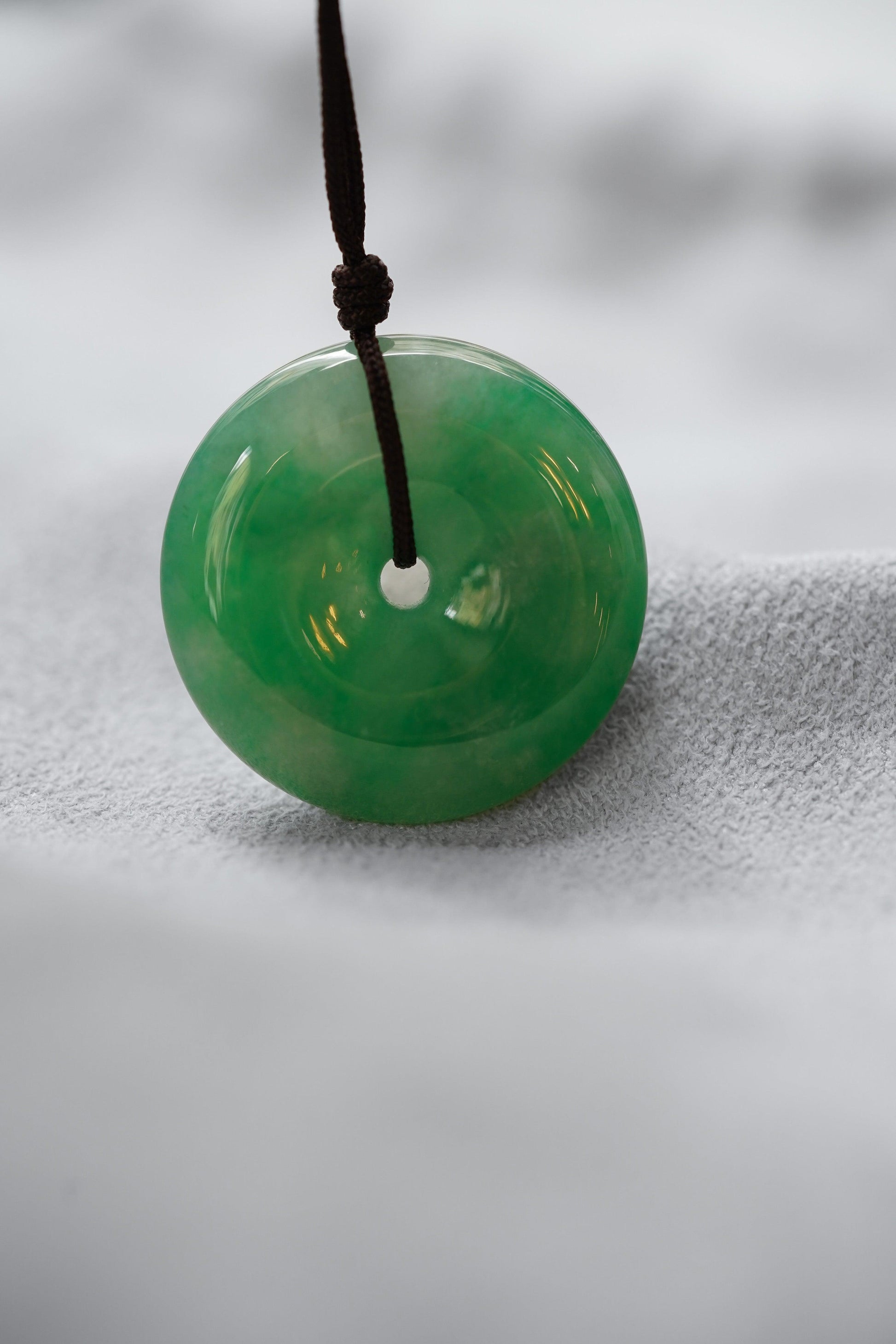 Bright Green Jadeite Zen Doughnut with White patches - Meilan Jewelry & Arts Ltd