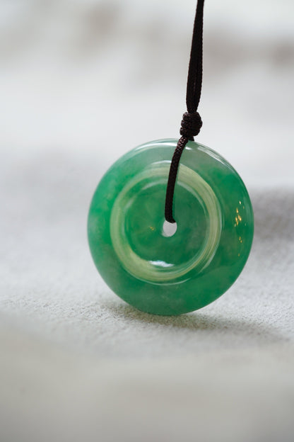 Bright Green Jadeite Zen Doughnut with White patches - Meilan Jewelry & Arts Ltd