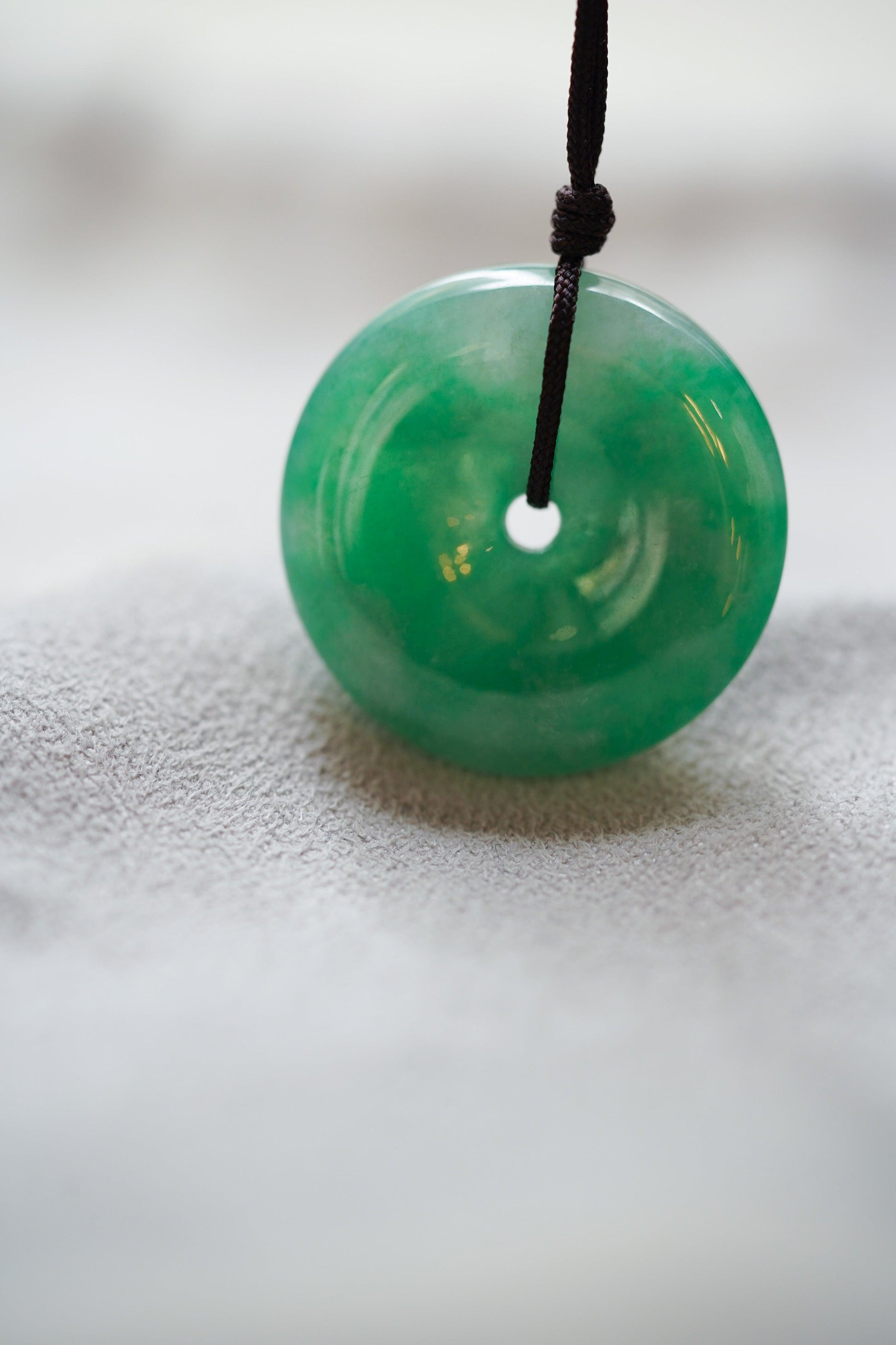 Bright Green Jadeite Zen Doughnut with White patches - Meilan Jewelry & Arts Ltd